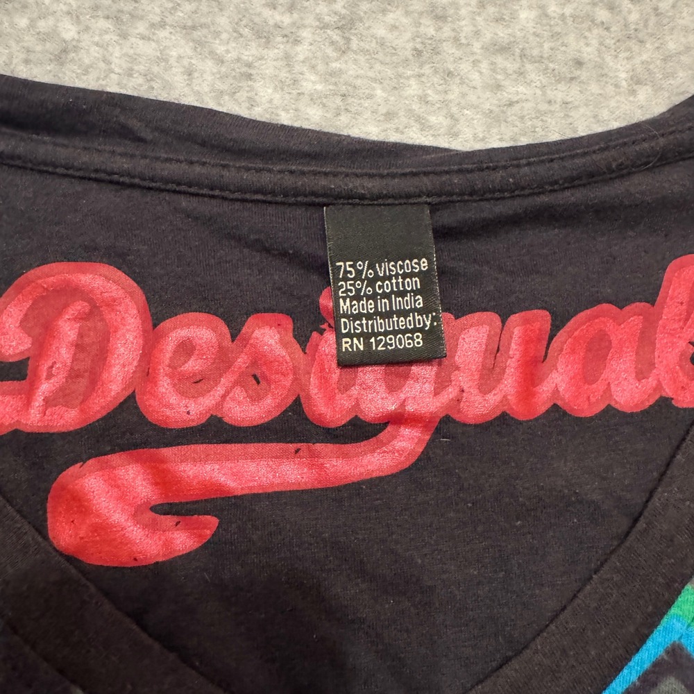 Desigual Women Long Sleeve Asymmetrical Butterfly Graphic Top V-Neck Black Y2K - Picture 2 of 8